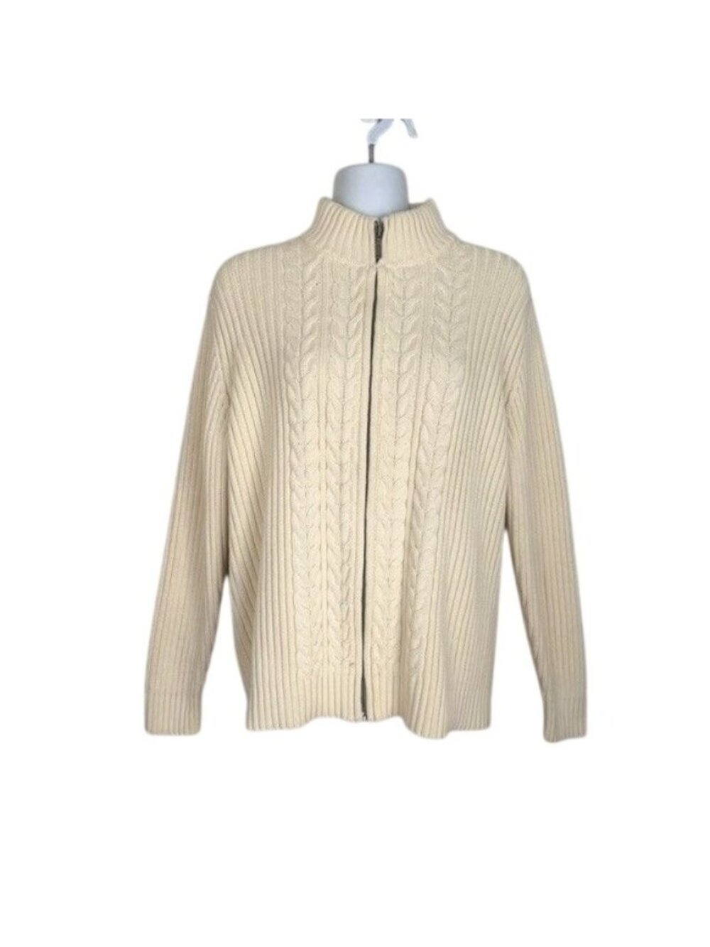 Lands End Cable Knit Full Zip Cardigan PL 14/16 Petite Cream Vintage Y2k Office
